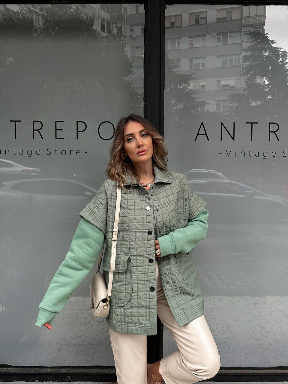 Mint Yeşili Sweat Detaylı Çıtçıtlı Ceket