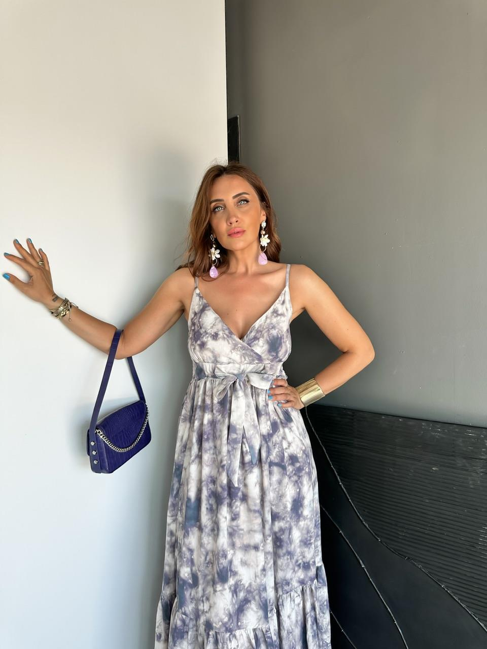 Mor Batik Desen İp Askılı Elbise