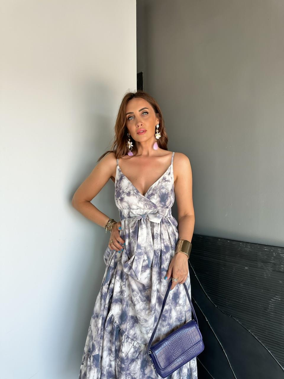 Mor Batik Desen İp Askılı Elbise