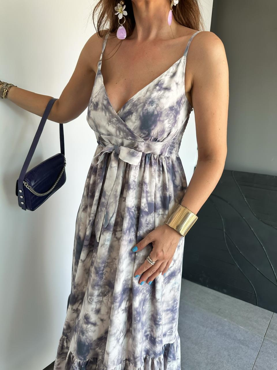 Mor Batik Desen İp Askılı Elbise