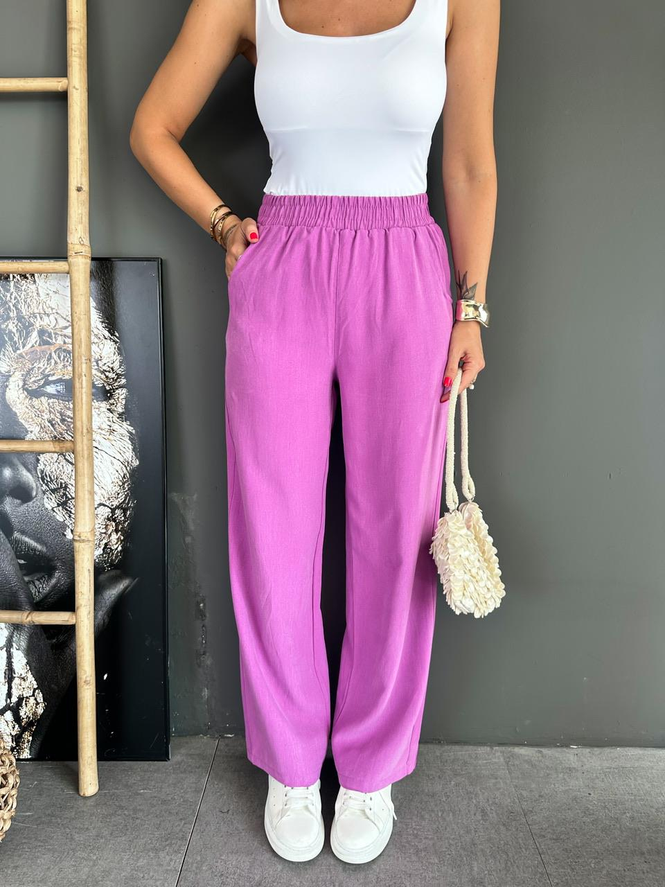Mor Beli Lastikli Cotton Bol Pantolon