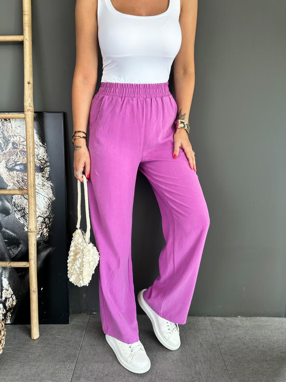 Mor Beli Lastikli Cotton Bol Pantolon