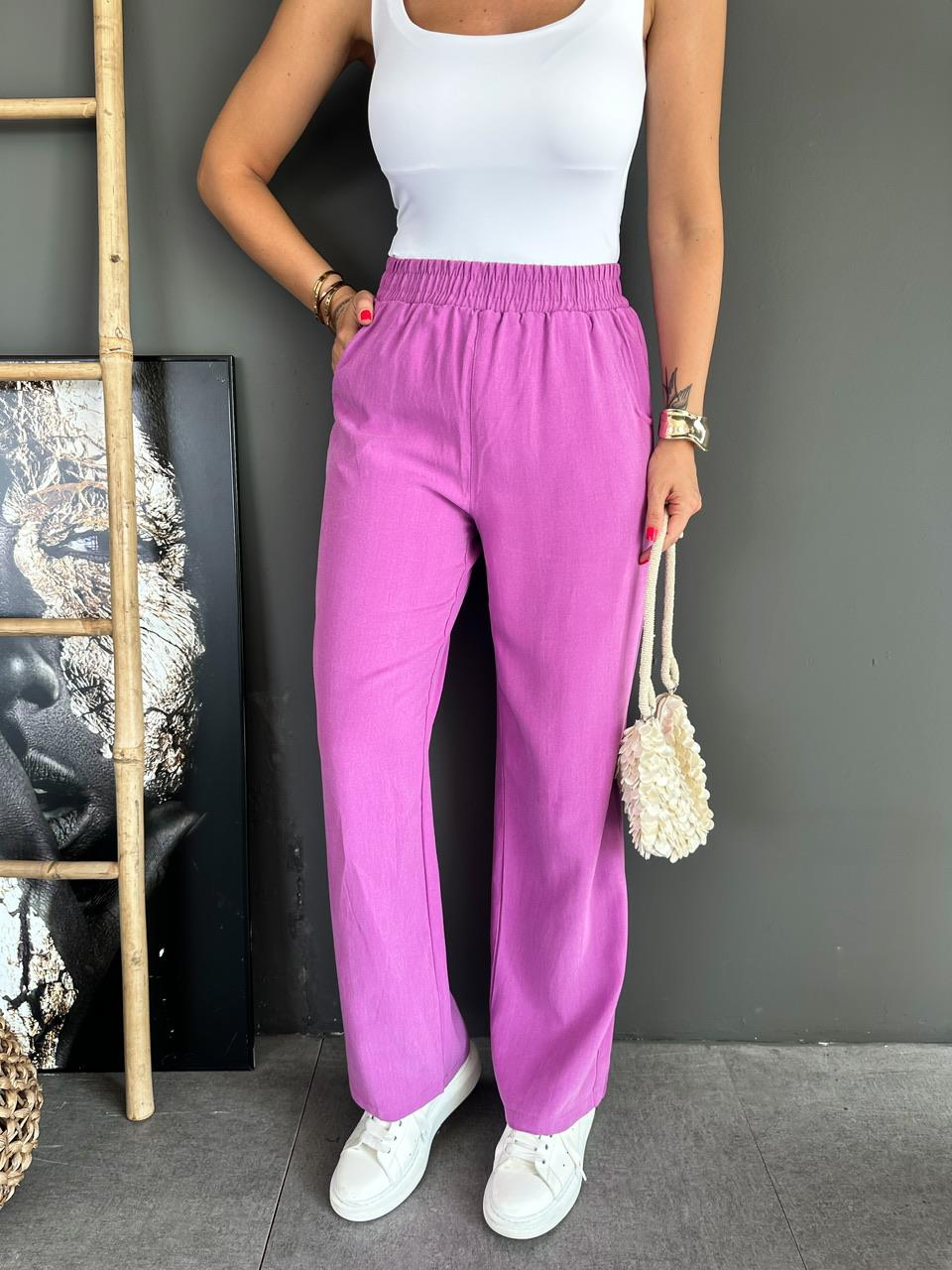 Mor Beli Lastikli Cotton Bol Pantolon