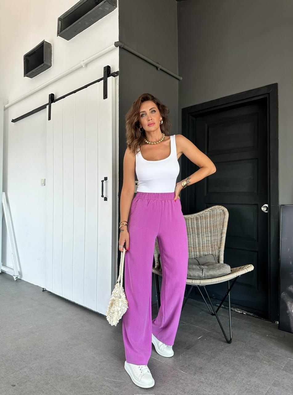 Mor Beli Lastikli Cotton Bol Pantolon