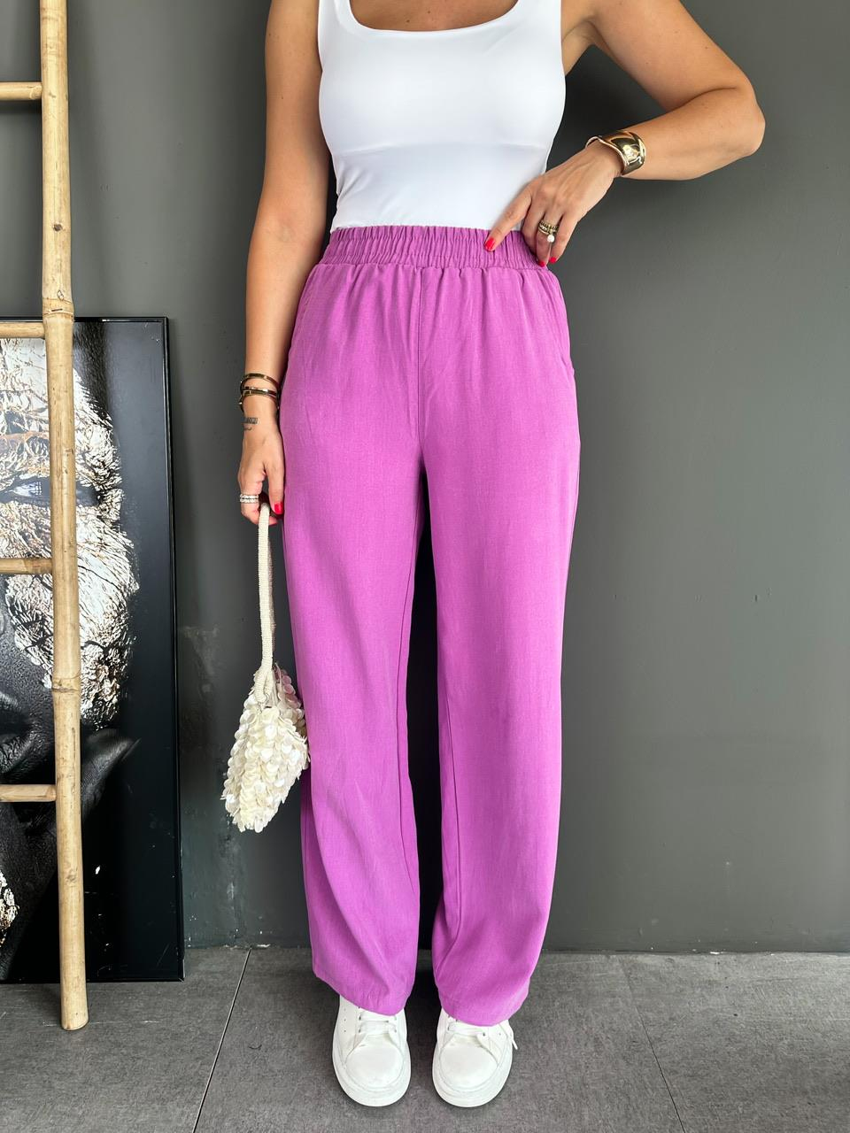 Mor Beli Lastikli Cotton Bol Pantolon