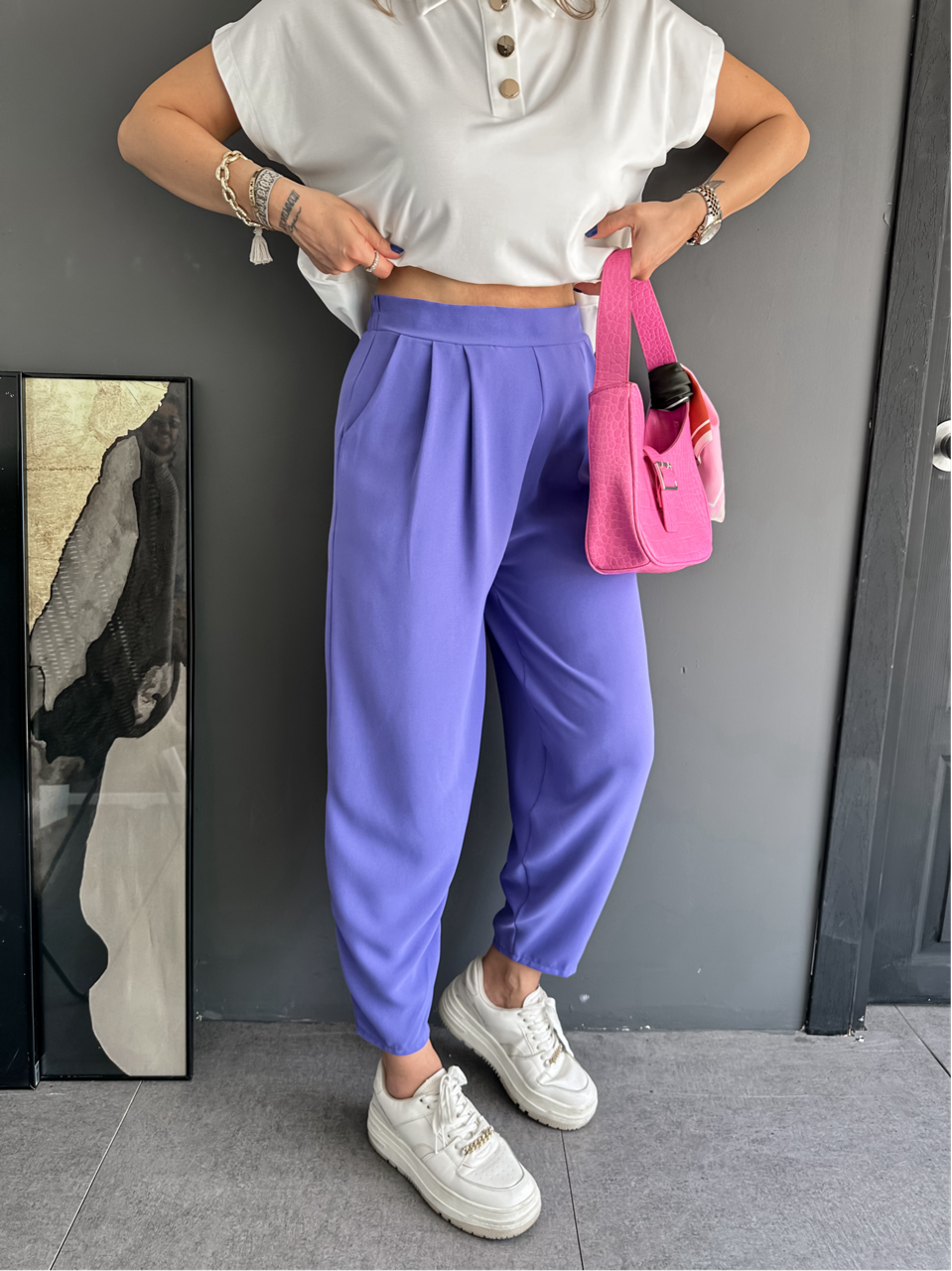 Mor Beli Lastikli Pilili Pantolon