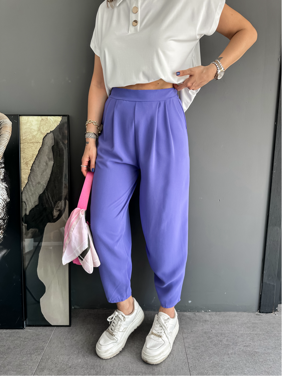 Mor Beli Lastikli Pilili Pantolon