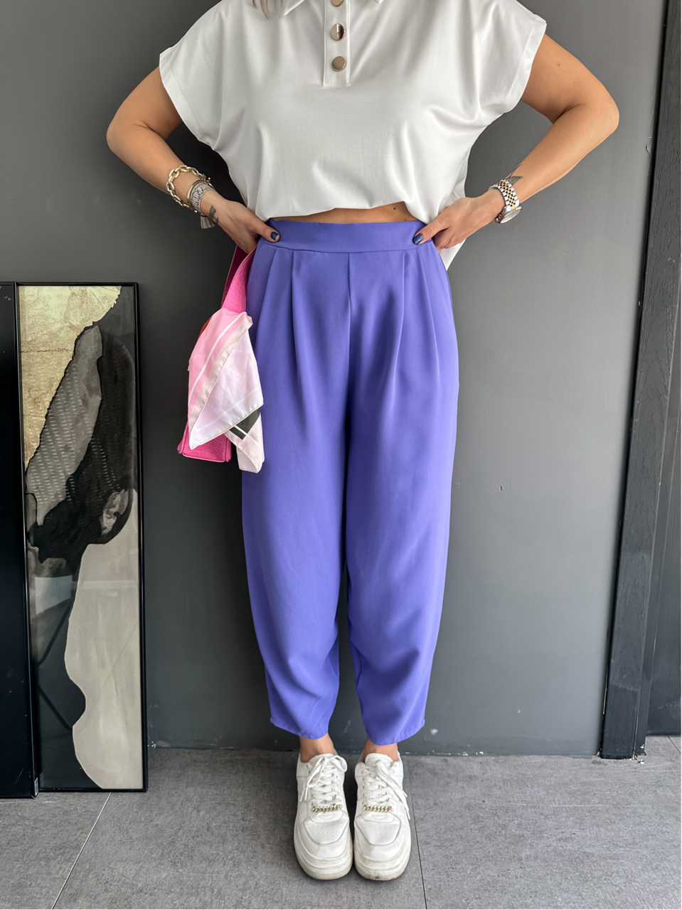 Mor Beli Lastikli Pilili Pantolon