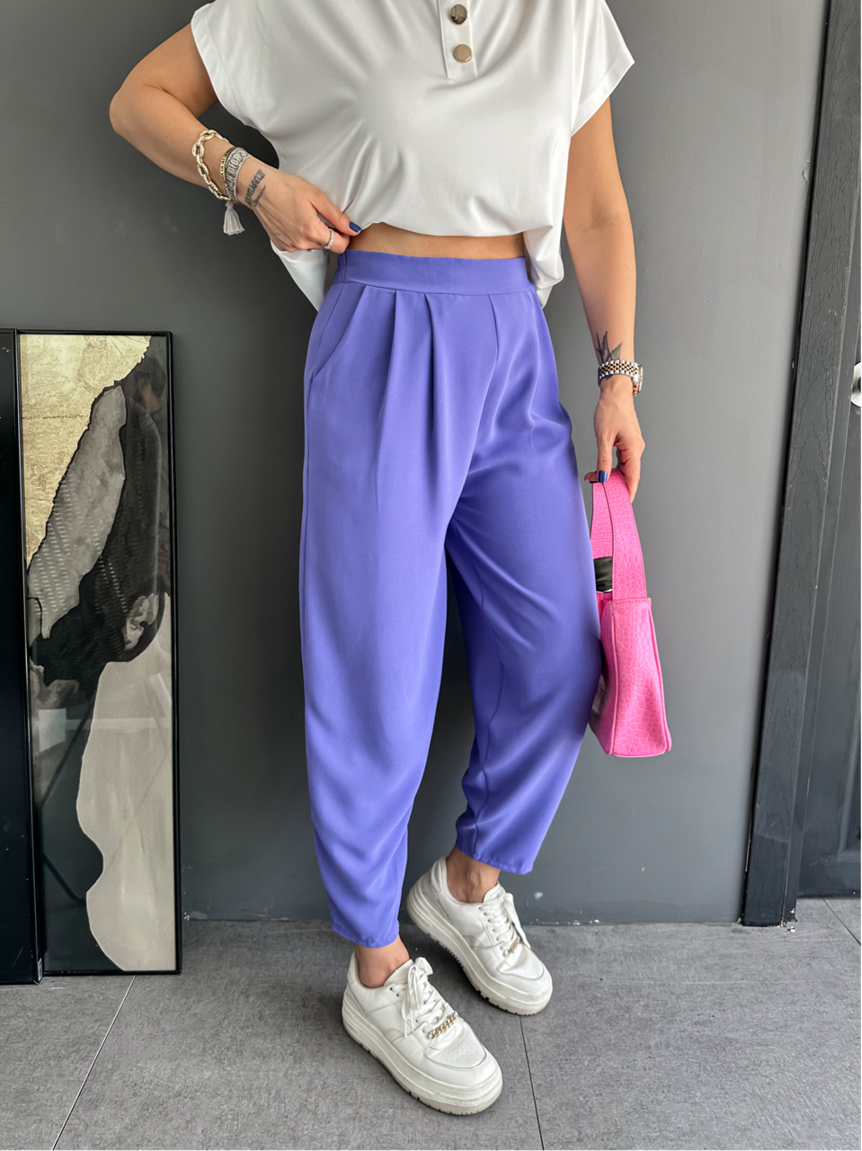 Mor Beli Lastikli Pilili Pantolon