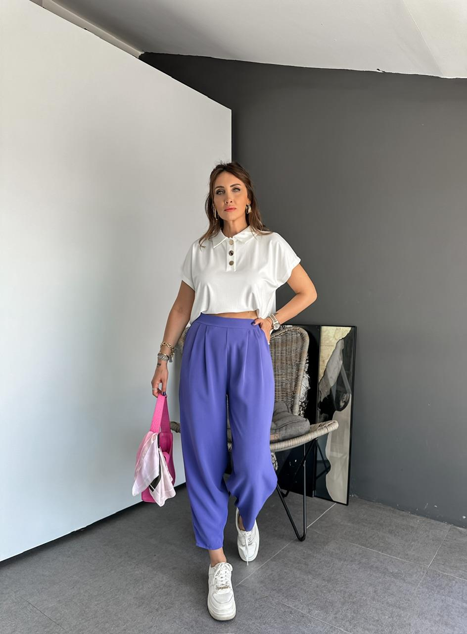 Mor Beli Lastikli Pilili Pantolon