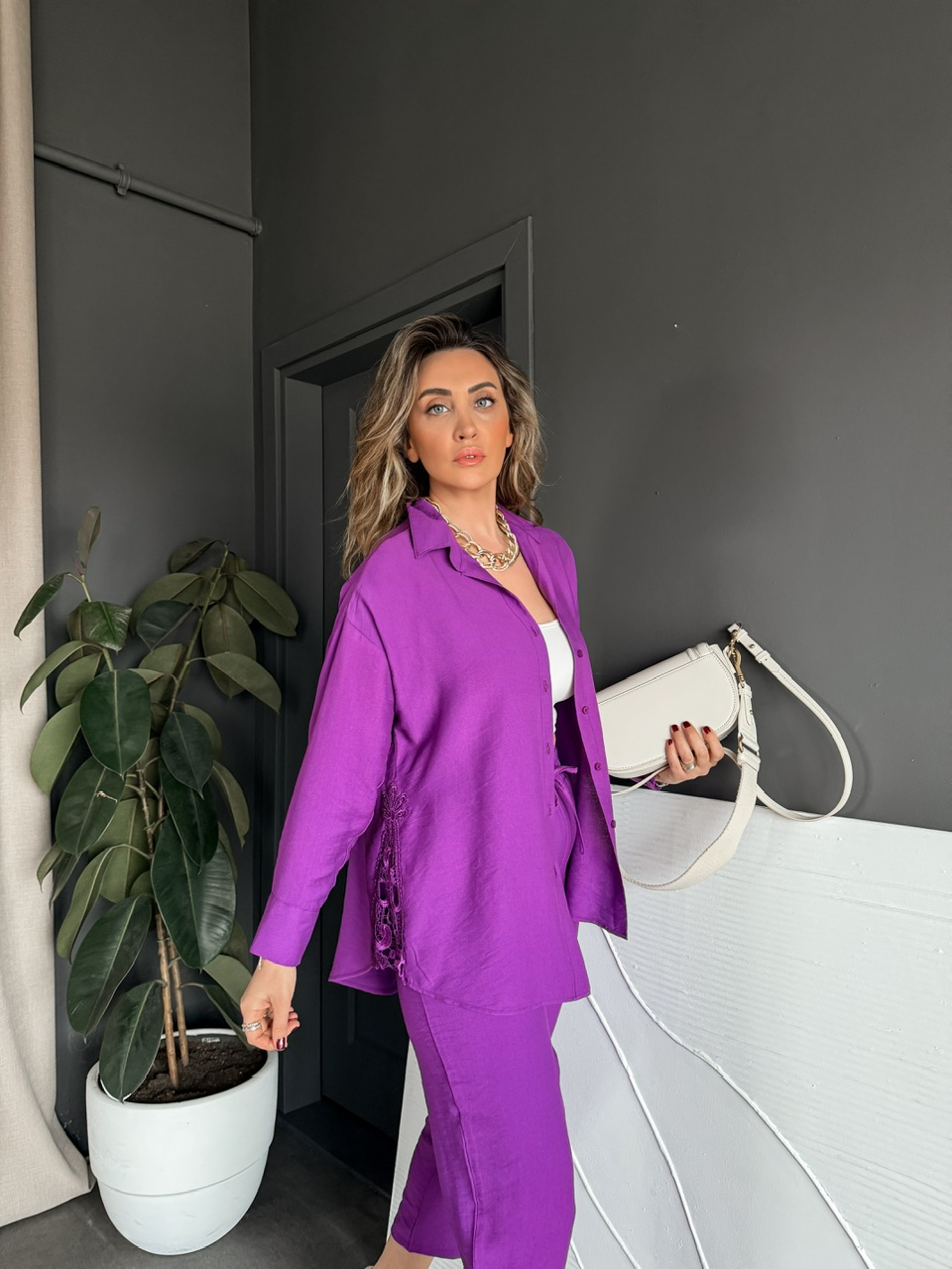 Mor Dantelli Gömlek Pantolon Takım