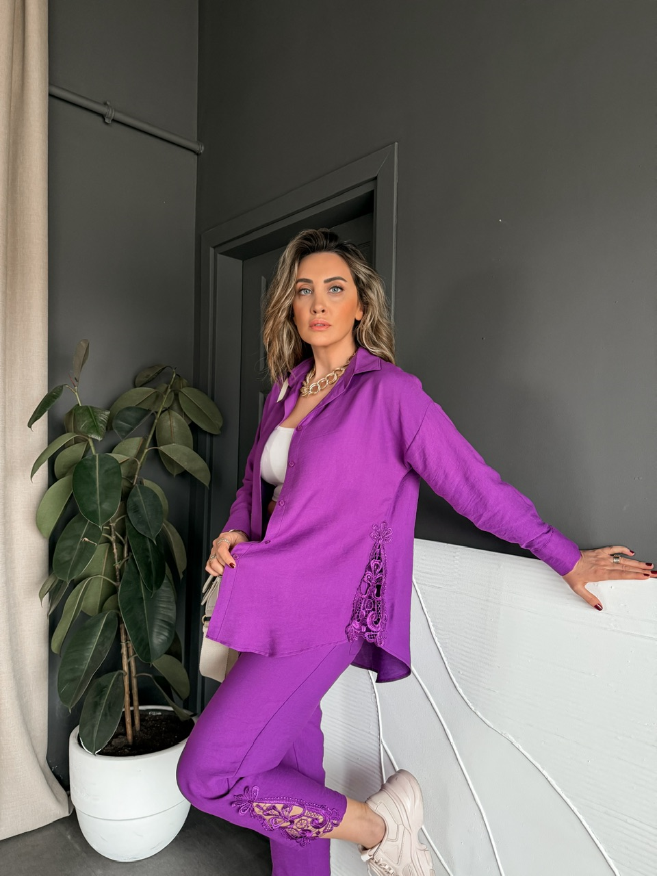 Mor Dantelli Gömlek Pantolon Takım