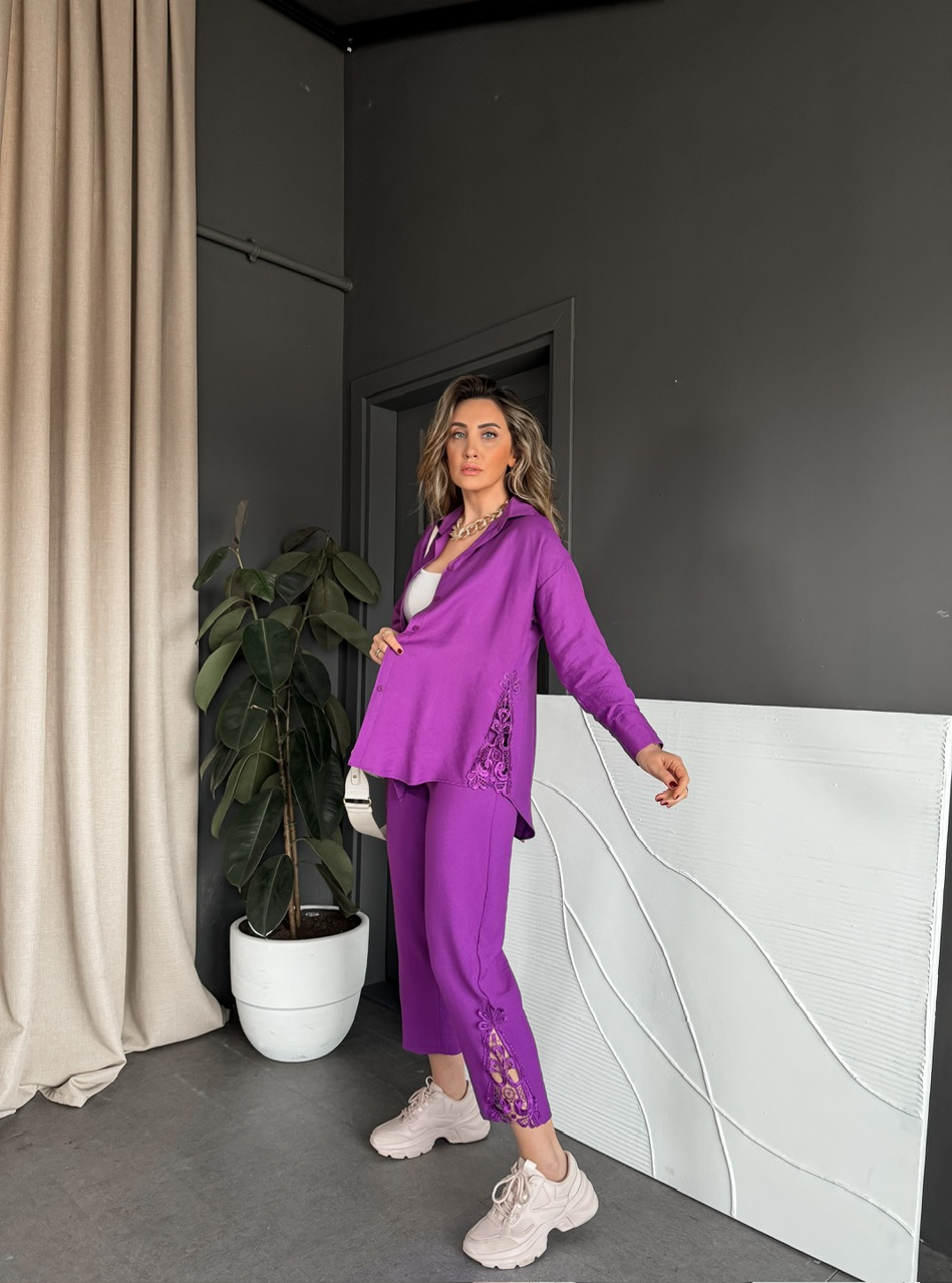 Mor Dantelli Gömlek Pantolon Takım