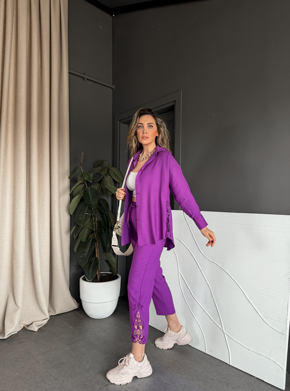Mor Dantelli Gömlek Pantolon Takım