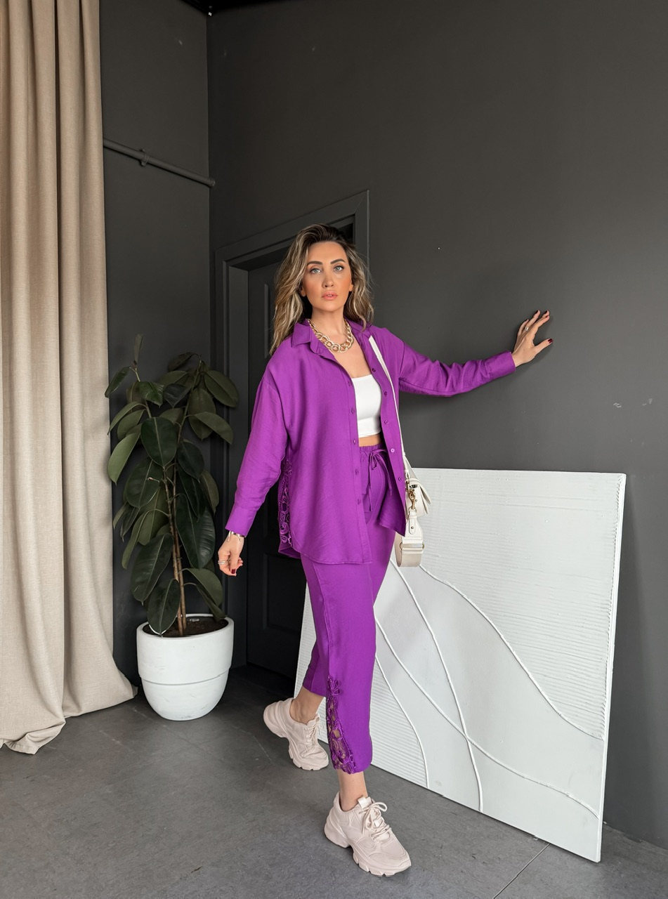 Mor Dantelli Gömlek Pantolon Takım