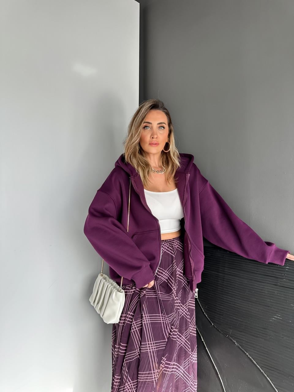 Mor Fermuarlı Şardonlu Sweatshirt