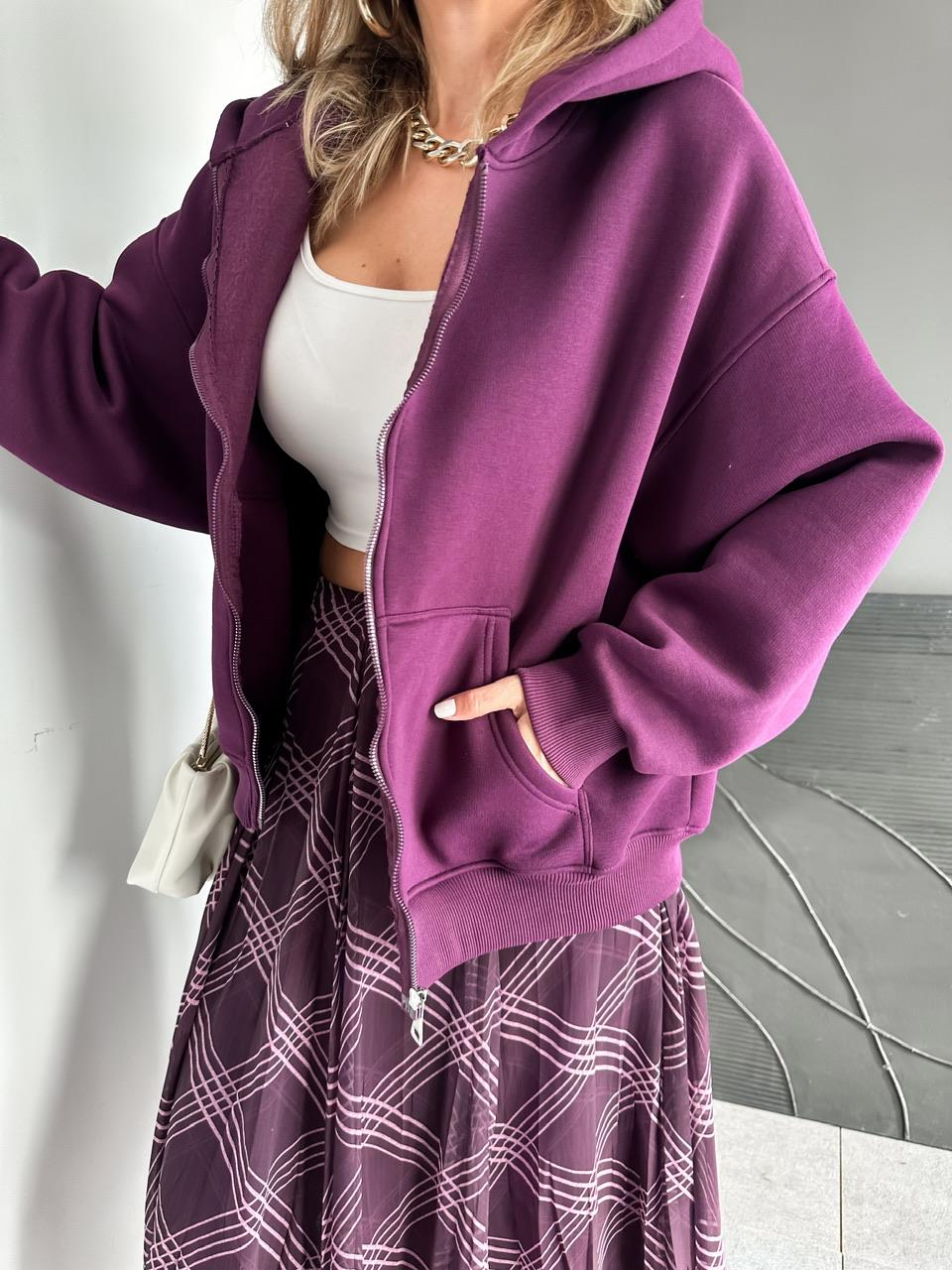 Mor Fermuarlı Şardonlu Sweatshirt