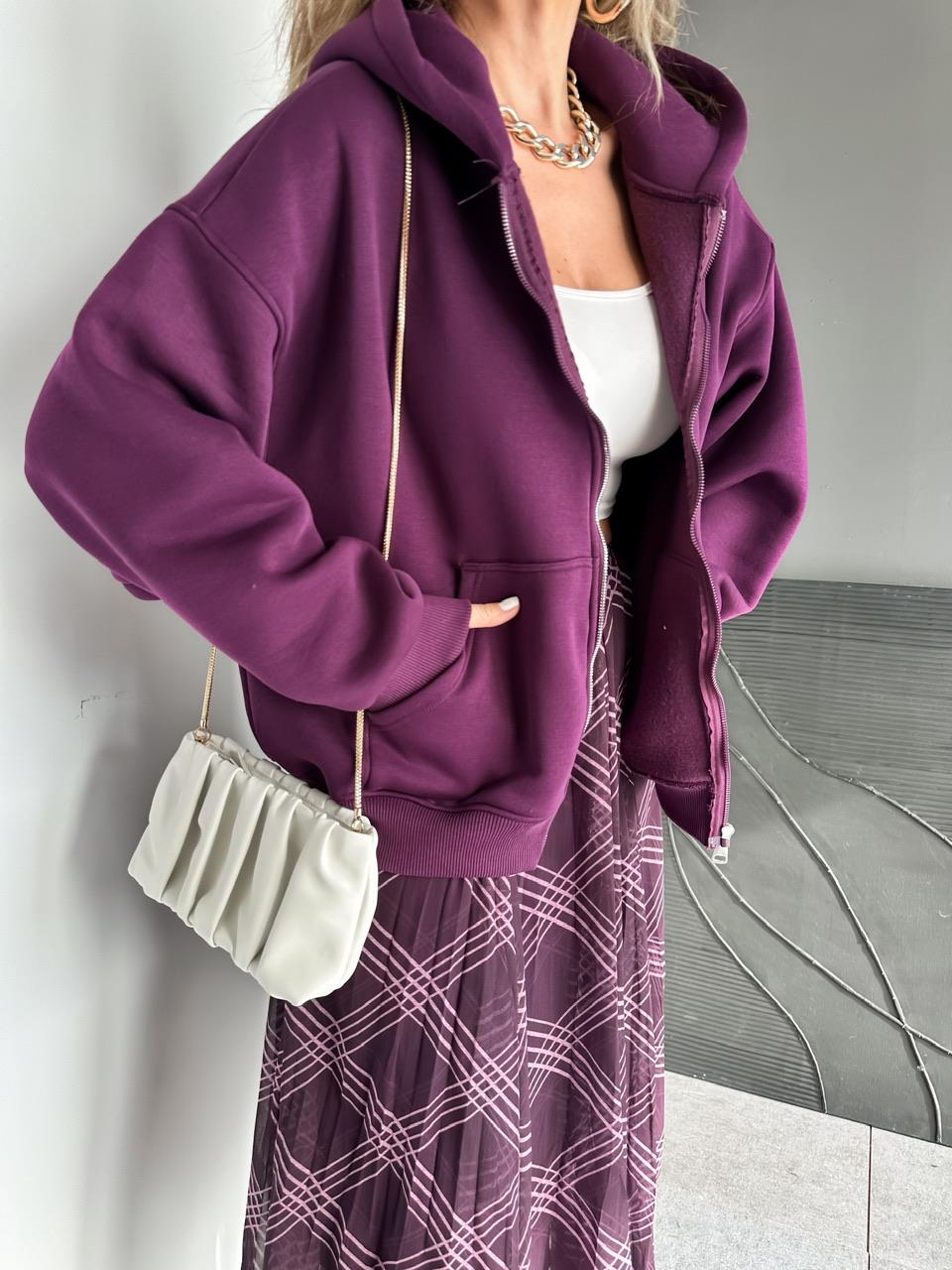 Mor Fermuarlı Şardonlu Sweatshirt