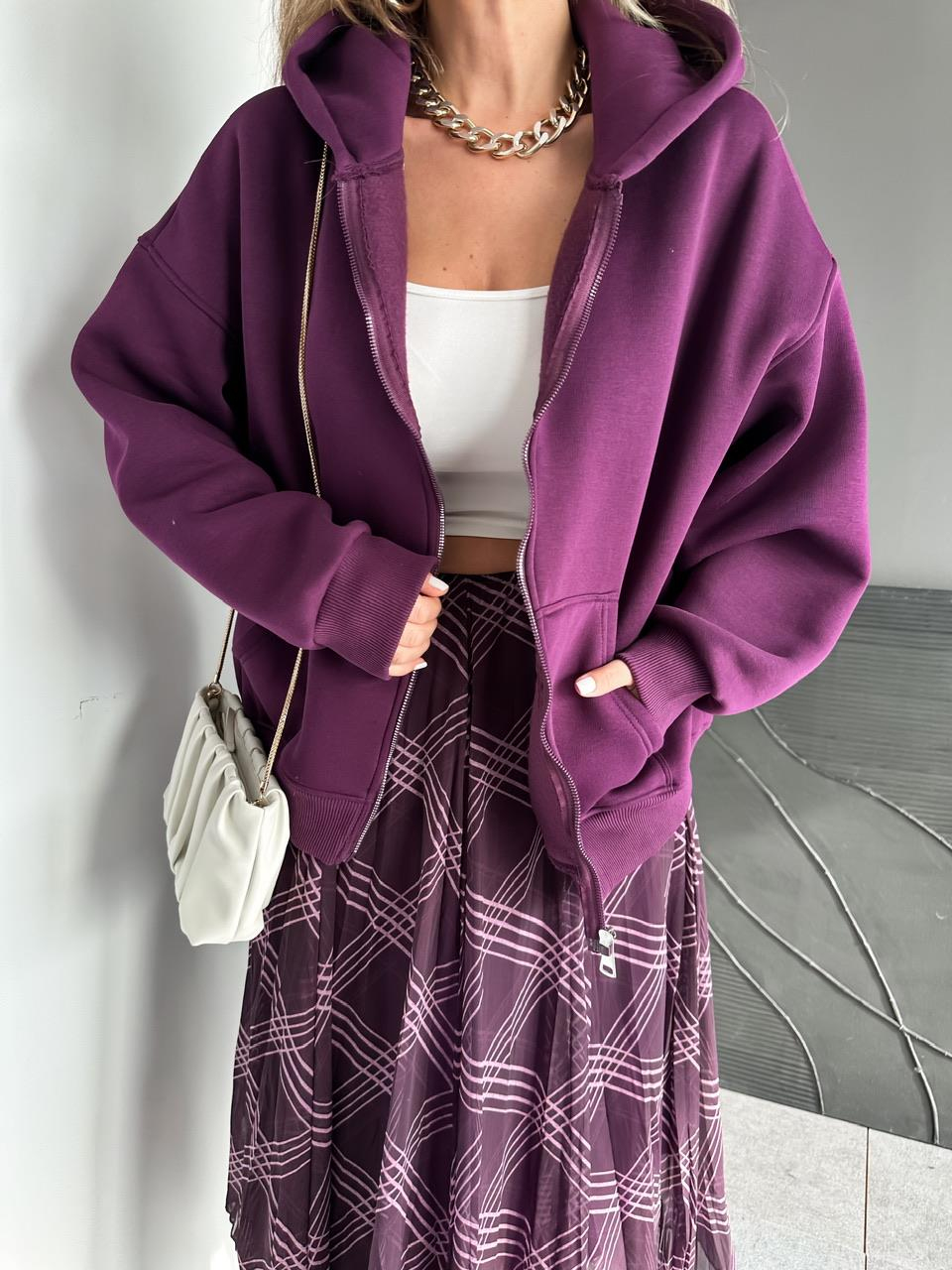 Mor Fermuarlı Şardonlu Sweatshirt
