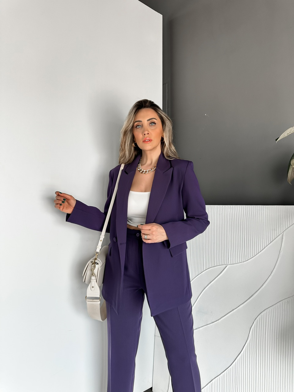 Mor Kaplama Düğmeli Şık Takım