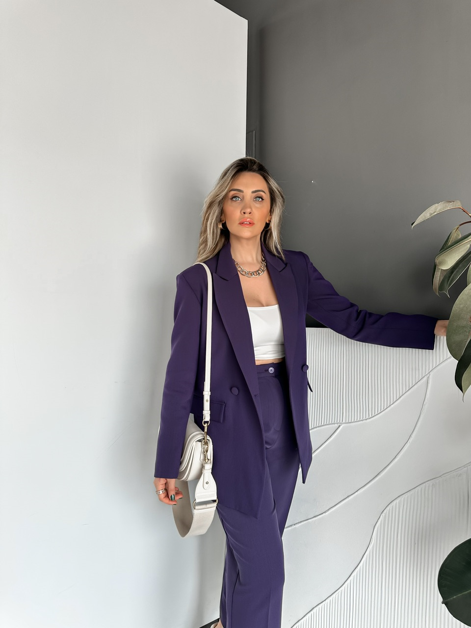 Mor Kaplama Düğmeli Şık Takım