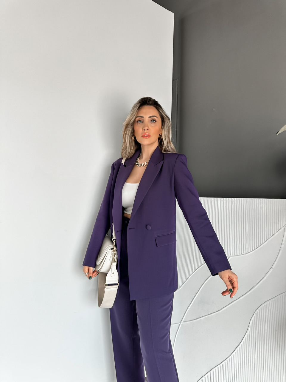 Mor Kaplama Düğmeli Şık Takım