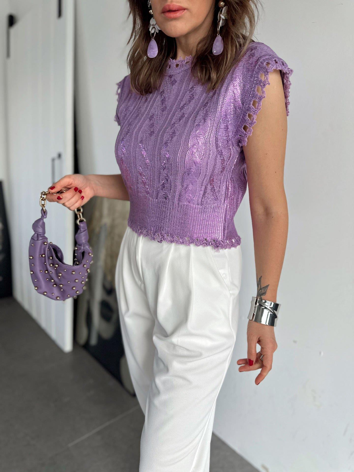 Mor Metalik Ajurlu Bluz