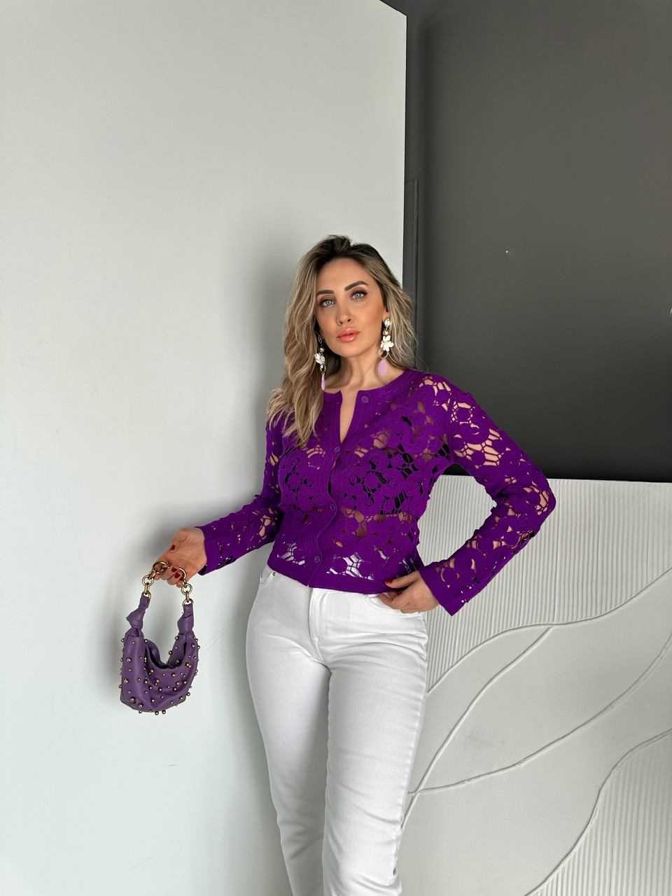 Mor Motifli Düğmeli Merserize Hırka