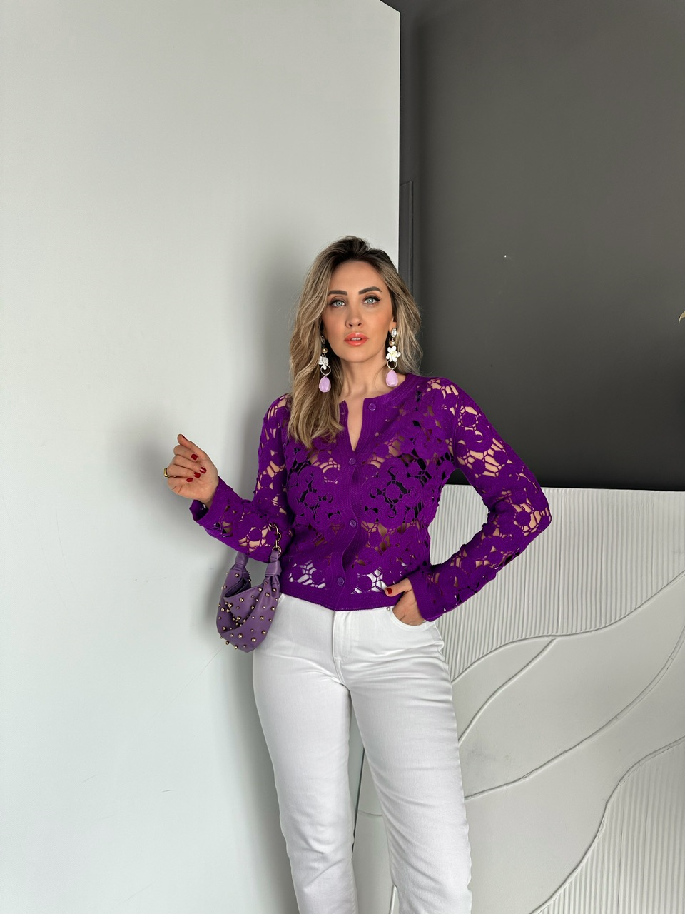 Mor Motifli Düğmeli Merserize Hırka