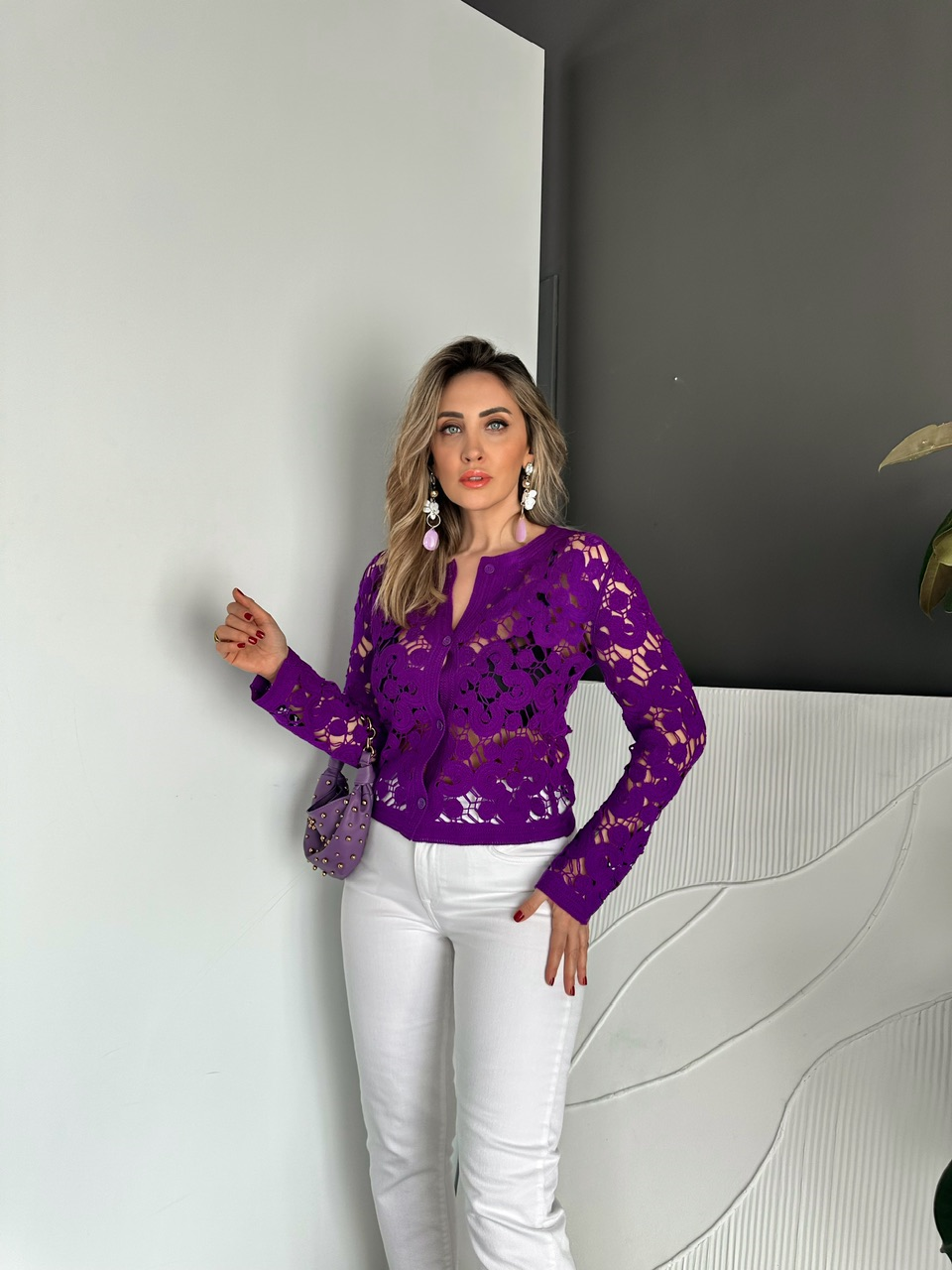 Mor Motifli Düğmeli Merserize Hırka
