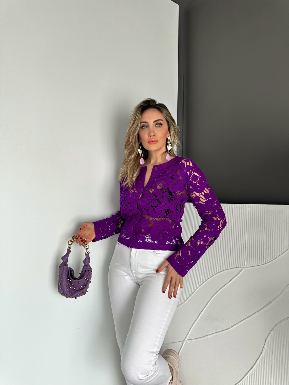 Mor Motifli Düğmeli Merserize Hırka
