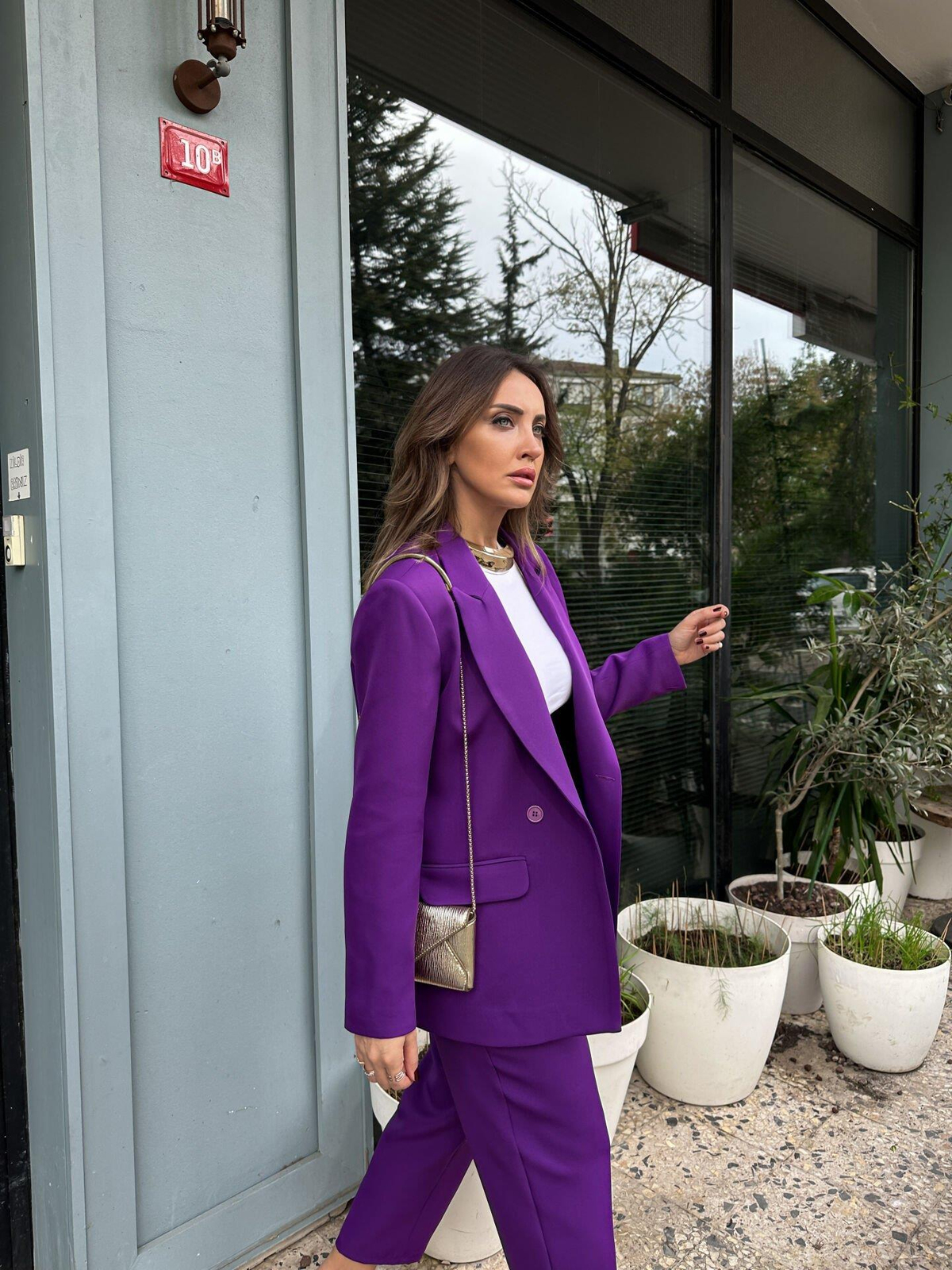Mor Oversize İki Düğmeli Takım