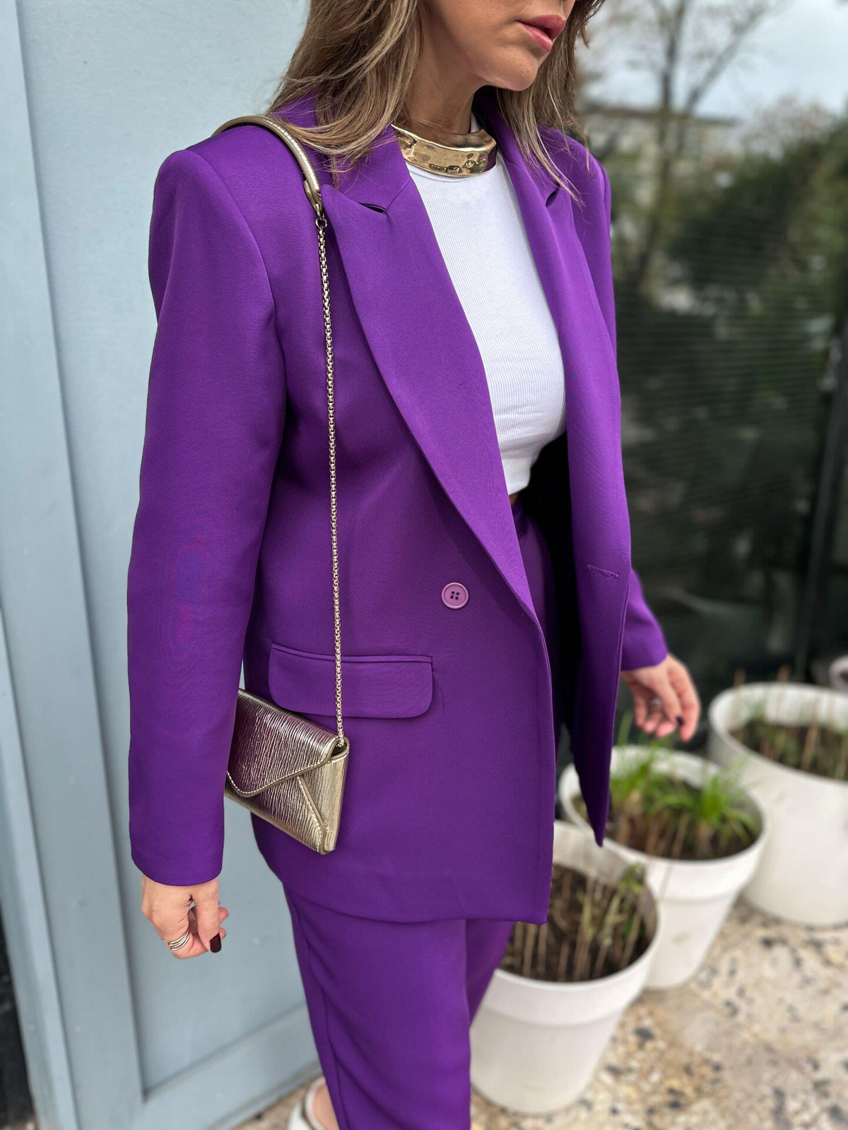 Mor Oversize İki Düğmeli Takım