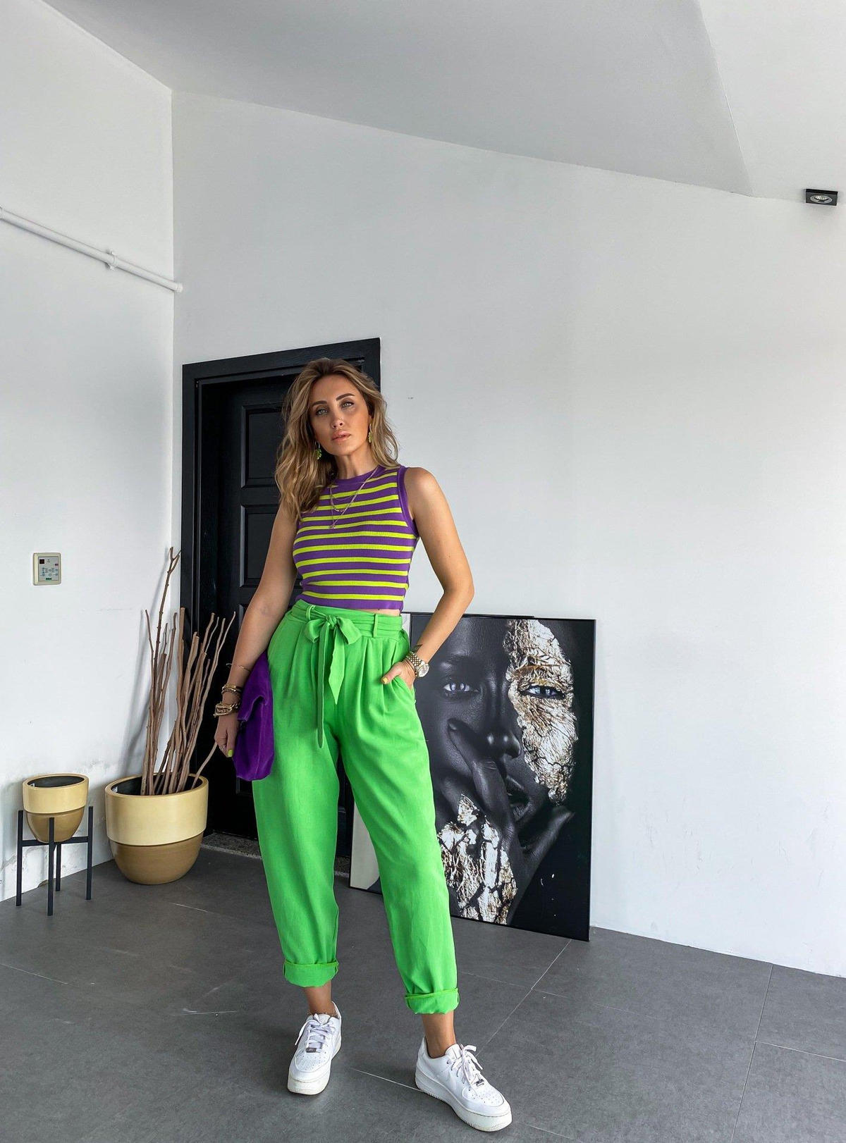 Mor Yeşil Çizgili Triko Crop