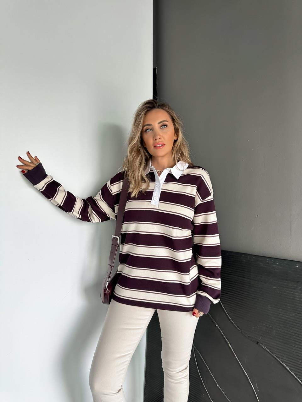 Mürdüm Çizgili Orijinal Sweatshirt