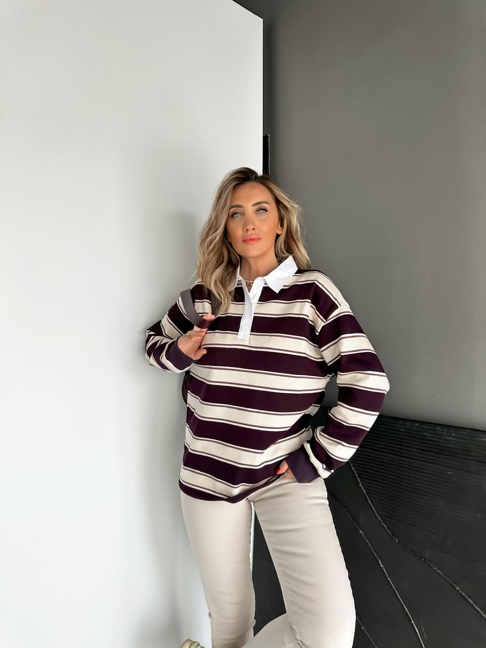 Mürdüm Çizgili Orijinal Sweatshirt