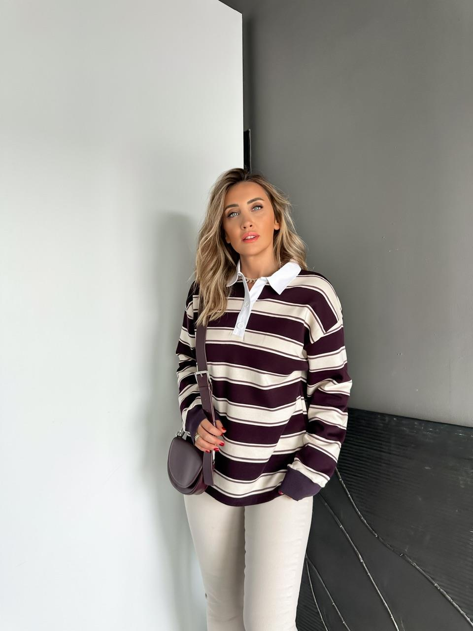 Mürdüm Çizgili Orijinal Sweatshirt