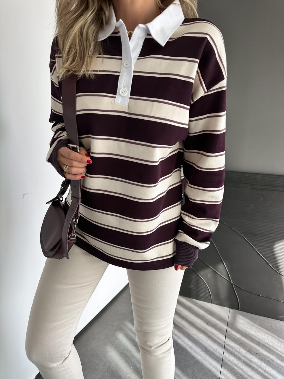 Mürdüm Çizgili Orijinal Sweatshirt