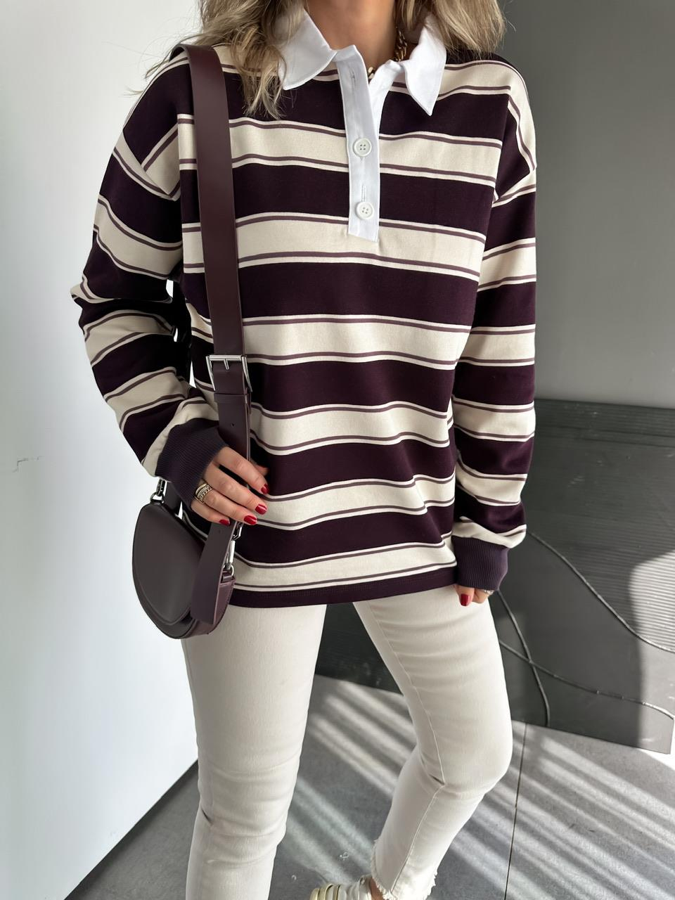 Mürdüm Çizgili Orijinal Sweatshirt