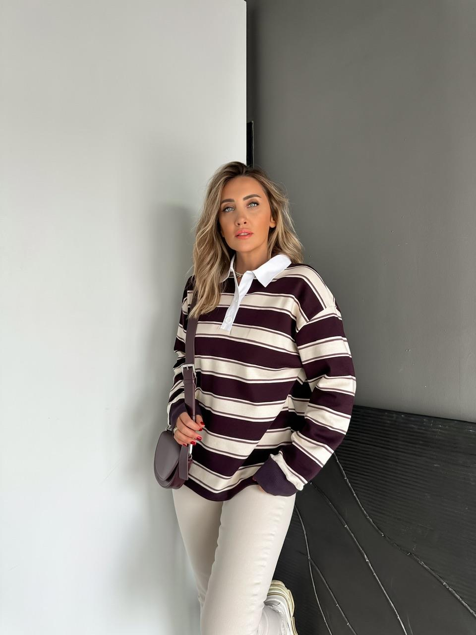 Mürdüm Çizgili Orijinal Sweatshirt
