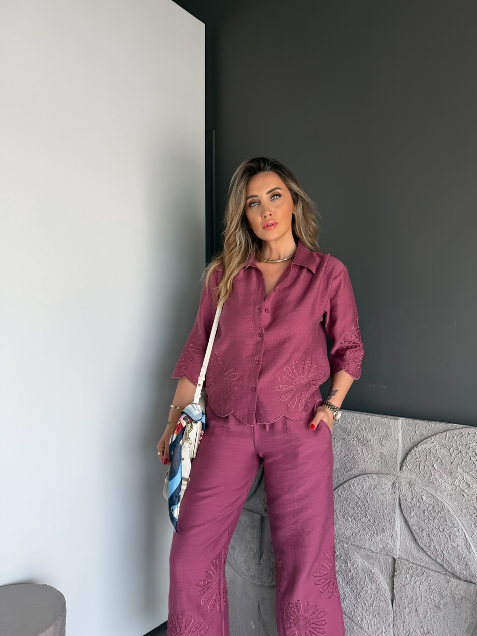 Mürdüm Eteği Nakışlı Premium Keten Takım