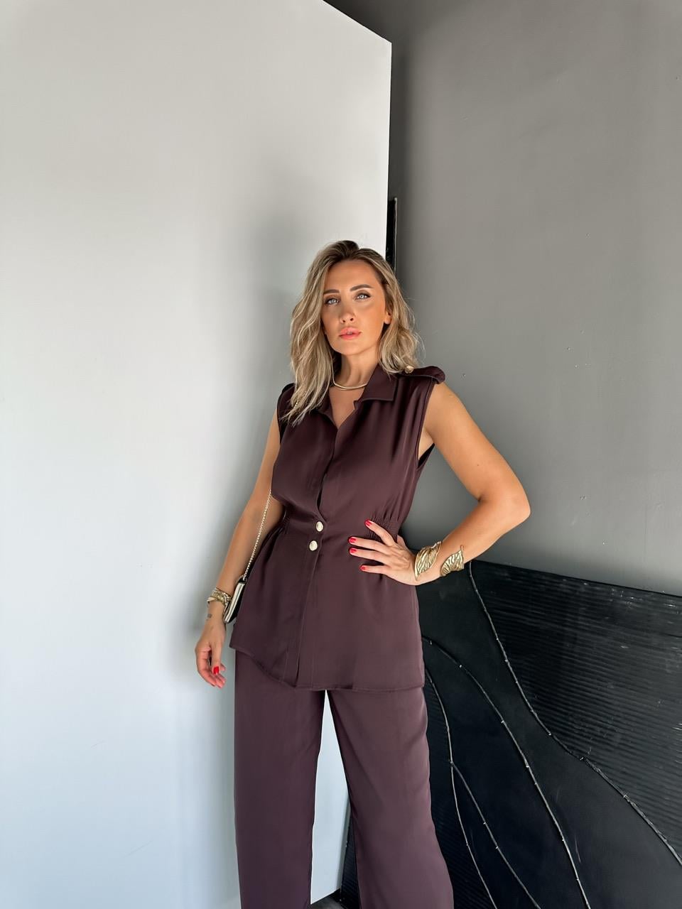 Mürdüm Gold Düğmeli Beli Lastikli Takım