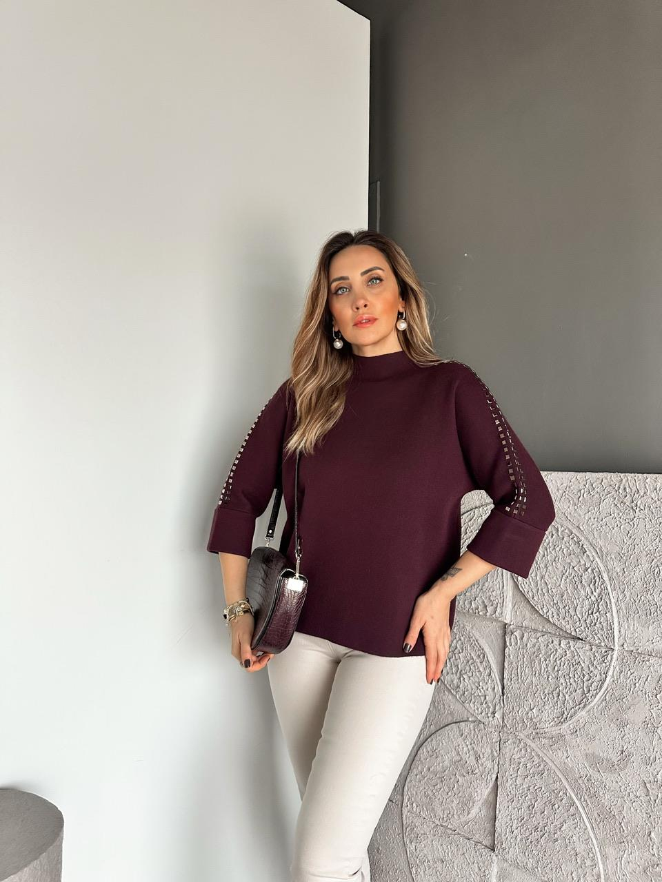 Mürdüm Kare Taşlı Premium Kazak