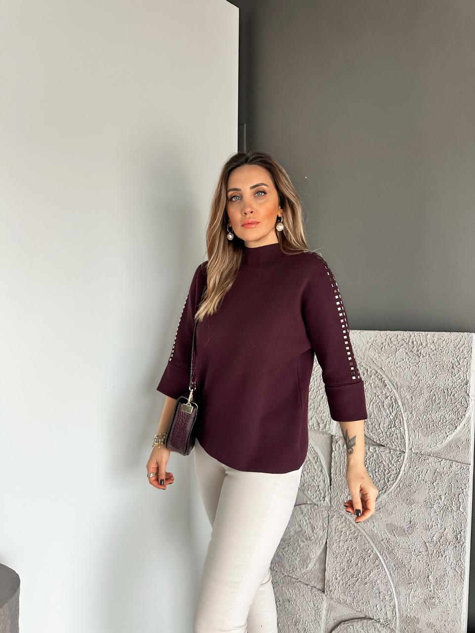 Mürdüm Kare Taşlı Premium Kazak