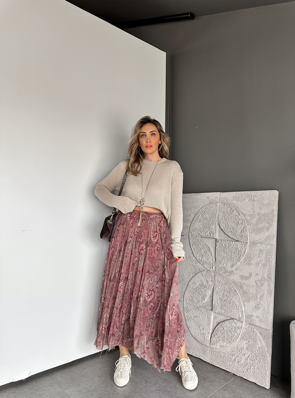 Mürdüm Şal Desenli Şifon Etek