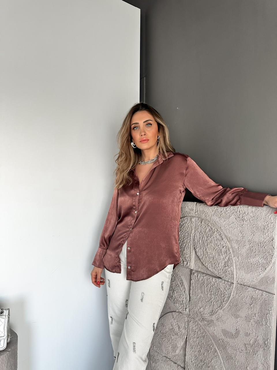 Mürdüm Saten Sedef Düğmeli Şık Gömlek
