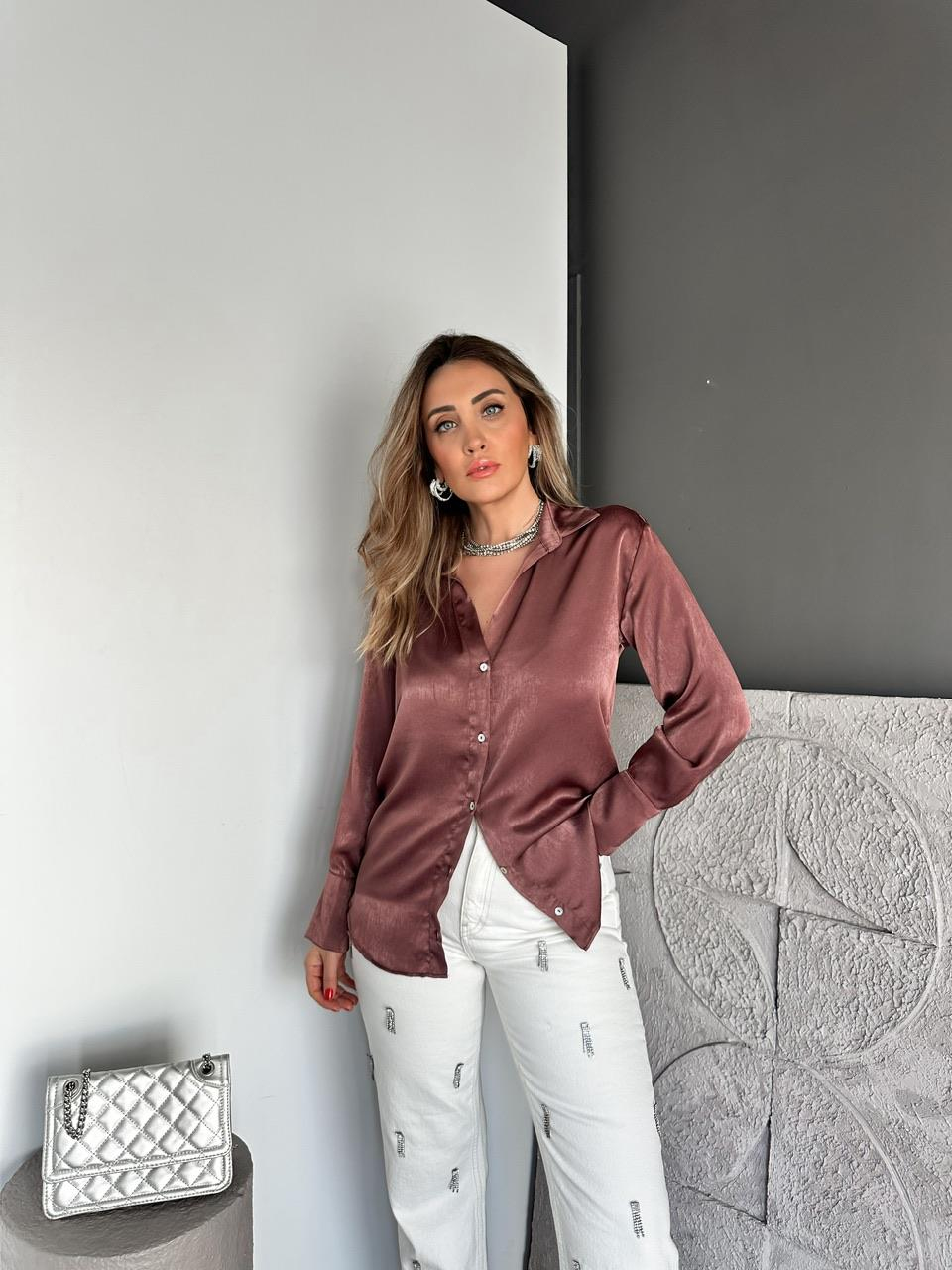 Mürdüm Saten Sedef Düğmeli Şık Gömlek