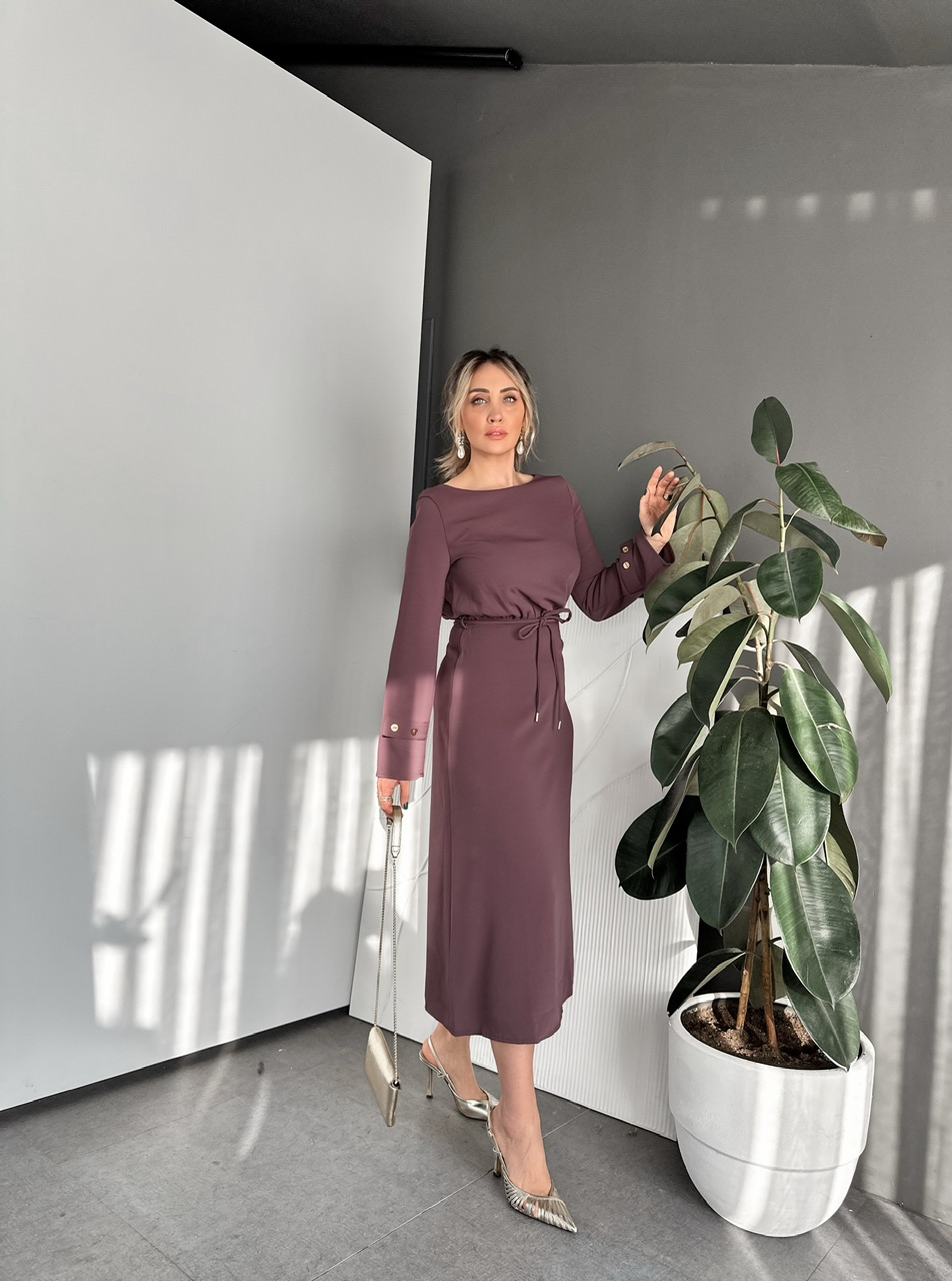 Mürdüm Sırtı Düğmeli Orijinal Elbise