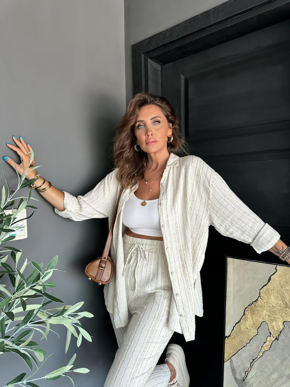 Natural Bej Çizgi Dokulu Takım
