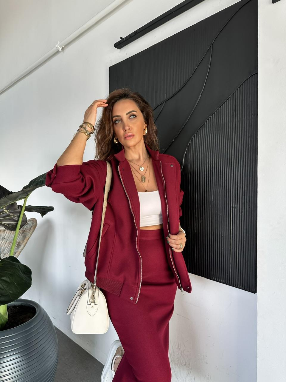 Natural Bordo Ceket Etek Kaşe Takım